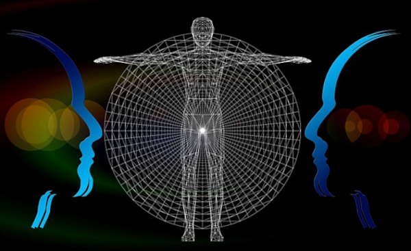 the outline of a body with a grid of energy surrounding it