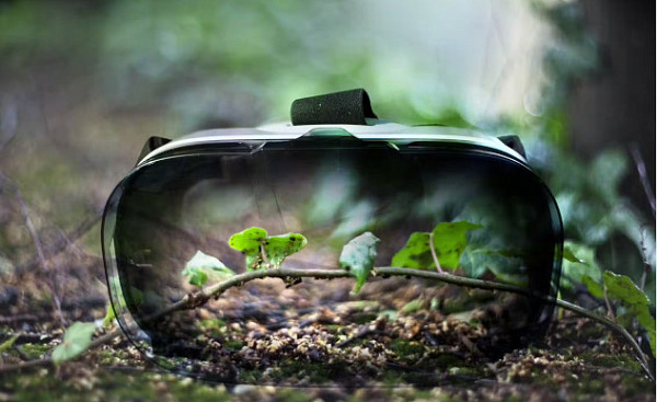 A VR headset with sprouting green leaves reflected on its surface represents the debate on whether virtual nature can provide the same wellness benefits as real nature.