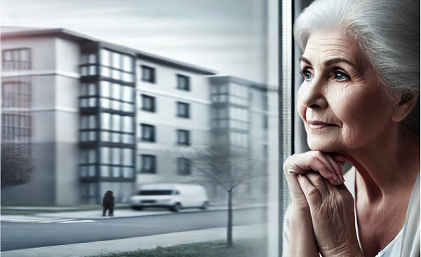 a senior woman looking peacefully out the window at an apartment housing complex