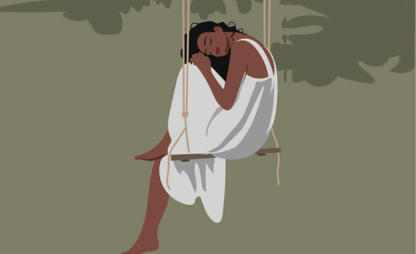 woman wearing a white dress sitting with eyes closed on a swing