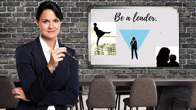 a montage of a woman on the beach, at the office, and at home with her baby with the heading: Be a Leader