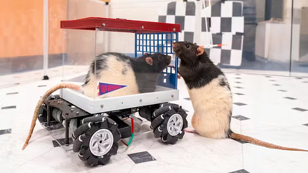 A close-up of a small rat sitting in a miniature car, gripping a lever with its paws, with a small treat visible as a target in the distance, representing the joy of learning and anticipation in action.