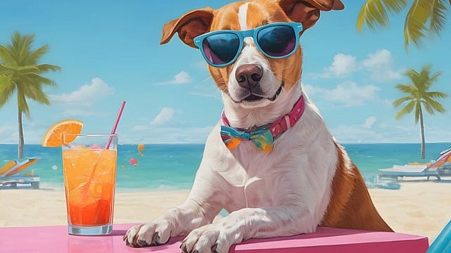 dog wearing sunglasses and with an orange drink in a glass with straw