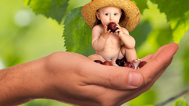 a small baby eating fruit and sitting in an oversized hand