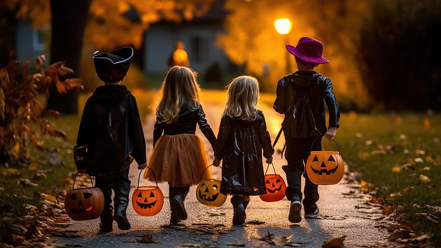 A joyful Halloween night scene with children in costumes trick-or-treating.