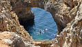 two kayaks on the water passing under a stone arch