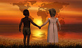 a black child and a white child holding hands looking at a map of the Earth