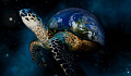 a turtle in the skies with Planet Earth as its shell