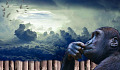 an ape appears to be reflecting; background of dark clouds