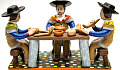 clay figurines sitting at a table eating food made of clay