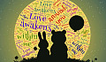 Winnie the Pooh and Rabbit sitting in front of a globe covered with the words Love awakens within me, etc.